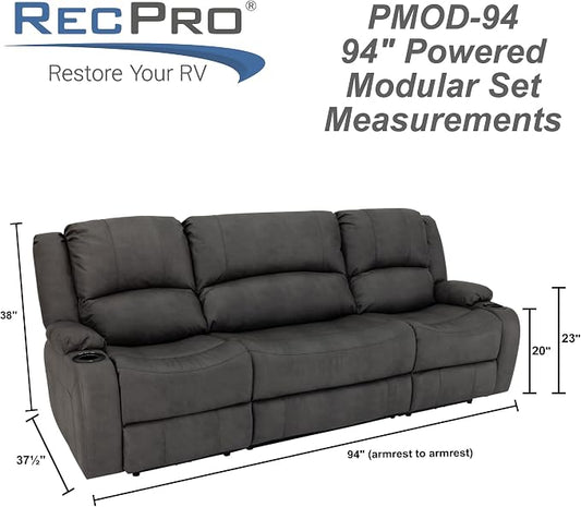 RecPro Charles 94" Powered Triple RV Wall Hugger Recliner | Drop Down Console | RV Furniture with Upgraded 2023 Fabric (Gunmetal)