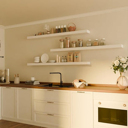 Floating Shelves for Wall, 60 Inch Extra Long White Wall Shelves, Set of 3, Hanging Invisible Brackets Floating Shelves for Living Room,Bedroom,and Kitchen