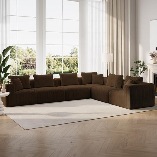Novilla 141" Modular Sectional Sofa, Modern Cloud Sectional Couch with Smarts Coil® Support, L-Shape Boneless Couch for Living Room Apartments Bedroom, No Assembly Required, Brown (6 Seat)