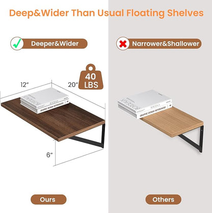 Heimlove 12 Inch Deep Floating Shelves for Wall, 20W x 12D Wood Wall Shelves Set of 2, Walnut Wide Floating Bookshelf for Living Room, Kitchen, Office, Bedroom, with Black Metal Bracke - Walnut