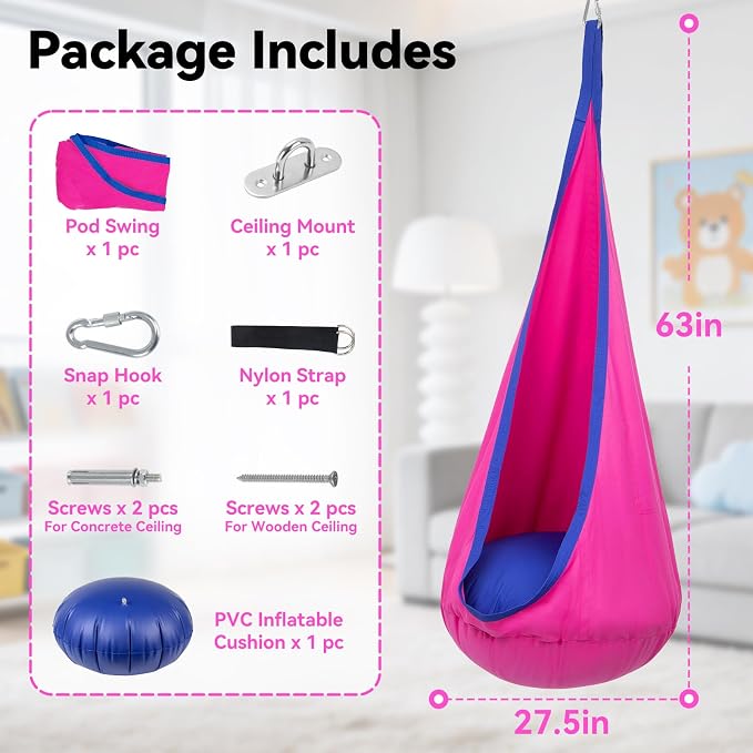 Y- STOP Kids Pod Swing Seat, Hanging Hammock Chair Swing with Inflatable Pillow, Sensory Swing Chair with Pocket for Outdoor and Indoor (Pink and Blue) pcs