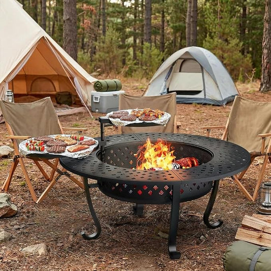 Outdoor Fire Pit, 43" Fire Pit for Outside Wood Burning with Adjustable 2 Grills, Firepit with Lid and Fire Poker, BBQ, Bonfire, Round Outdoor Fireplace 3 in 1 for Patio, Backyard, Garden, Camping