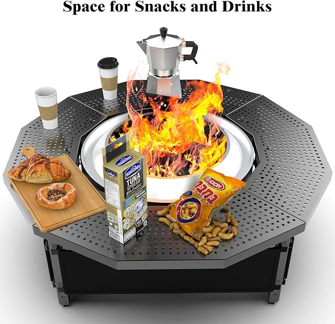 Fire Pit Surround Table for Solo Stove Yukon 2.0 27 Inch, Adjustable Outdoor Fire Pit Tabletop Accessory, UV-Resistant Fabric Safety Barrier, Black Metal Patio Surround