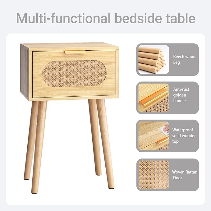 Nightstands Set of 2, Bedside Table with Rattan Door, Boho End Table with Solid Wood Legs for Bedroom, Living Room, Small Space Nightstands, Natural Color, HNS001N