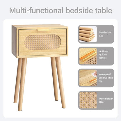 Nightstands Set of 2, Bedside Table with Rattan Door, Boho End Table with Solid Wood Legs for Bedroom, Living Room, Small Space Nightstands, Natural Color, HNS001N