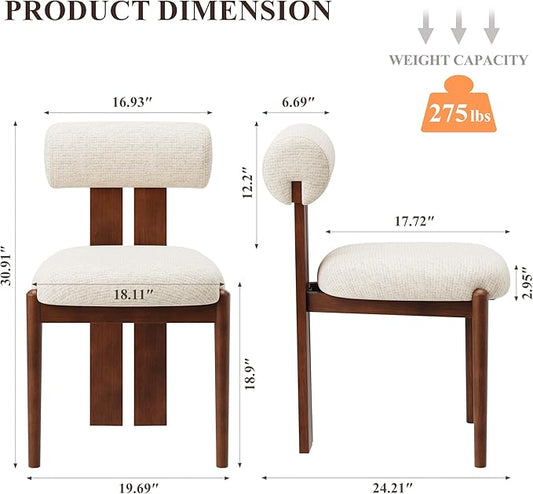 MALOL Modern Wooden Dining Chairs Set of 2, Upholstered Fabric Kitchen Chairs with Sculptural Backrest, Mid-Century Farmhouse Dining Room Chairs with Solid Wood Legs, Beige