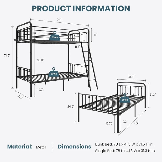 SHA CERLIN Convertible Twin Over Twin Bunk Bed,CPC Certified,Black | Victorian Iron-Art Headboard and Footboard,Space-Saving Metal Bunk Bed with Guardrail & Ladder,No Box Spring Needed