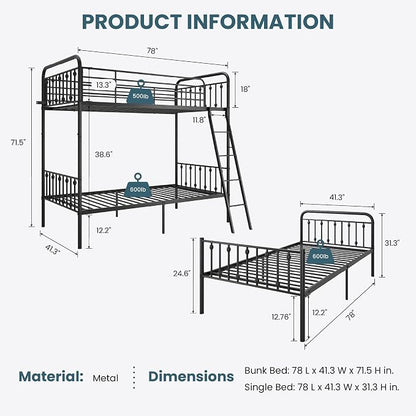 SHA CERLIN Convertible Twin Over Twin Bunk Bed,CPC Certified,Black | Victorian Iron-Art Headboard and Footboard,Space-Saving Metal Bunk Bed with Guardrail & Ladder,No Box Spring Needed