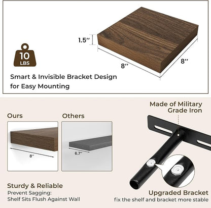 RICHFOCUS 8 Inch Floating Shelves for Wall Small Square Shelves Set for Bedroom|Kitchen|Bathroom|Laundry Room Rustic Wood Wall Mounted Shelf with Invisible Brackets for Books|Storage|Decor, Walnut