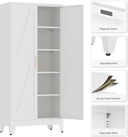 71”H Metal Kitchen Pantry Cabinet, Pantry Cabinets with 2 Doors and 4 Shelves, Kitchen Cabinet for Kitchen, Dining Room, Living Room and Bathroom, White