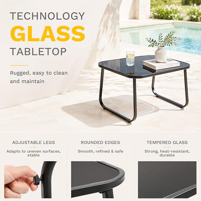 DWVO 4-Piece Patio Furniture Set, Textilene Conversation Set with Wooden Armrest Rocking Chairs and Tempered Glass Table for Indoor Outdoor Patio Lawn Garden Poolside, Grey