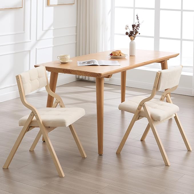 6-Pack Folding Dining Chairs with Cushion,Padded Foldable Dining Chairs,Portable Wooden Folding Chairs with Tufted Buttons Seat for Dining Rooms Kitchen Wedding and Party Indoor Beige