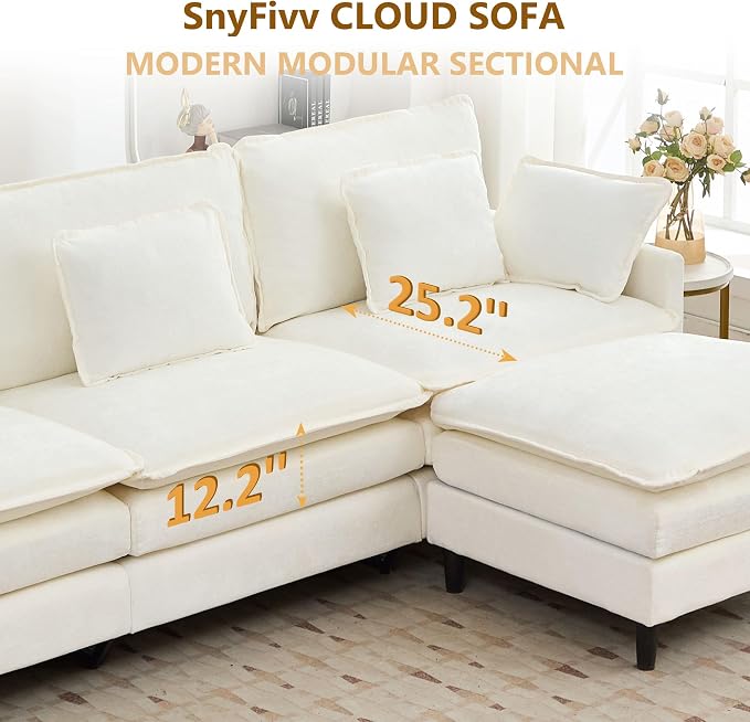 113" Chenille Modular Sectional Sofa, Convertible L Shaped Modular Sofa Comfy Cloud Couch with Ottoman, Side Pockets and 5 Throw Pillows for Living Room (White, 113" - 5 Seats)