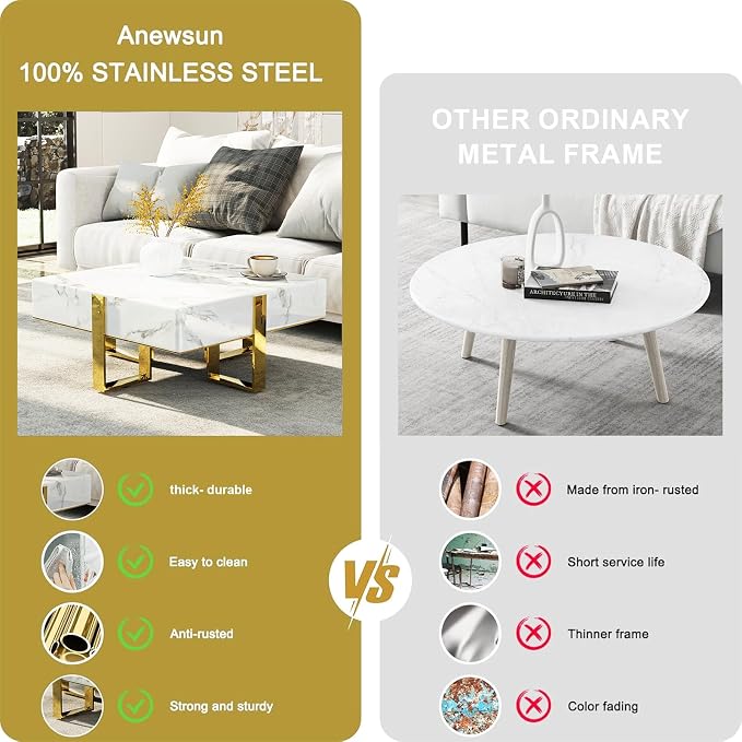White and Gold Coffee Table, Modern Luxury Square Coffee Table with Faux Marble Tabletop and Polished Stainless Steel Legs for Living Room Apartment Office