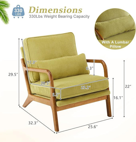VINGLI Upgraded Premium Corduroy Accent Chair,Upholstered Arm Chair,Solid Wood Comfy Reading Chair with Pillow, Mid Century Modern Chairs for Living Room,Bedroom,Guest Room,Green