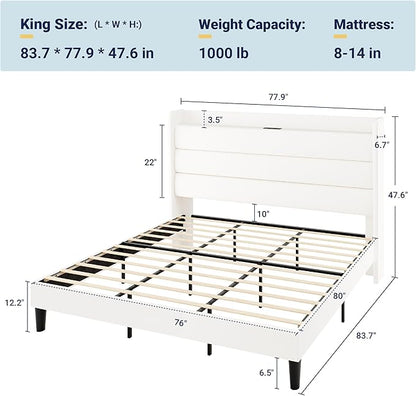 Allewie King Size Upholstered Bed Frame with Charging Station & Storage Headboard, Soft Velvet Wingback Platform Bed, Strong Wooden Slats Support, No Box Spring Needed, Easy Assembly, White