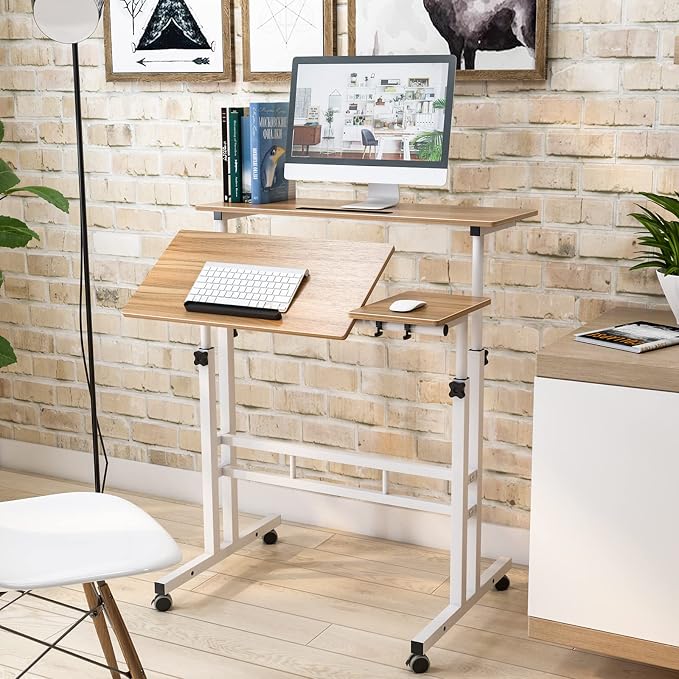SogesHome 31.5 inches Adjustable Laptop Desk Table, Portable Computer Stand with Cart Tray and Computer Host Stand, Oak