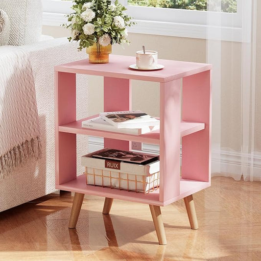 Huhote Kids Nightstand, 2-Tier Night Stand with Open Storage, Modern Side Table for Bedroom, Study Room, Small Spaces, Pink
