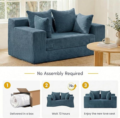 cidludto Convertible Sofa Bed, Boneless Couch 2 in 1 Loveseat Folding Couch Bed Foldable, Chair Bed & Futon Sofa Bed, Small Corduroy Pull Out Sofa with 4 Pillows for Living Room, Blue