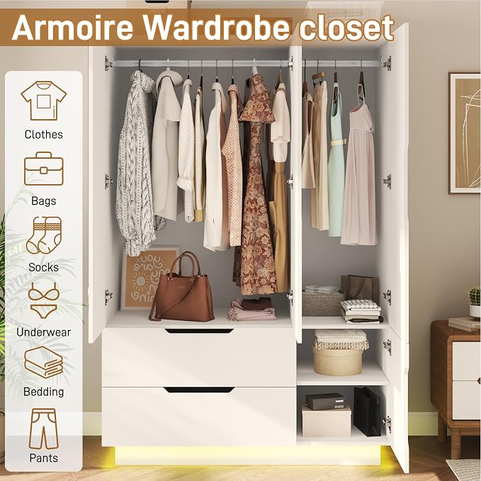 Hlivelood 3 Doors Armoire Wardrobe Closet with Mirror,2 Large Drawers, LED Light Wood Wardrobe Closet, Armoire with Hanging Rod for Bedroom, White
