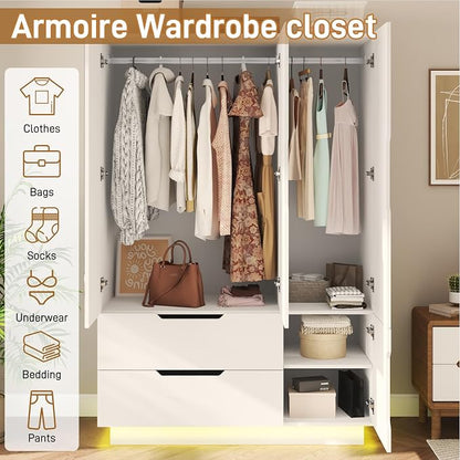 Hlivelood 3 Doors Armoire Wardrobe Closet with Mirror,2 Large Drawers, LED Light Wood Wardrobe Closet, Armoire with Hanging Rod for Bedroom, White