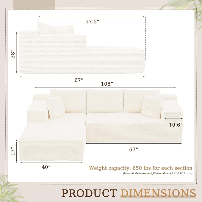 YESHOMY Boneless Couches for Living Room, 108" Sectional Modular Sectional Sofa with Deep Seat, Cloud Comfy Couch with L-Shape Chaise, Easy Assembly (Corduroy, Cream)