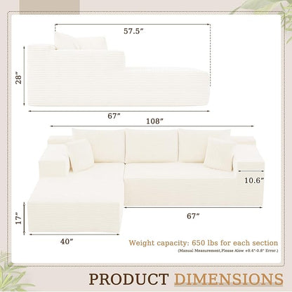 YESHOMY Boneless Couches for Living Room, 108" Sectional Modular Sectional Sofa with Deep Seat, Cloud Comfy Couch with L-Shape Chaise, Easy Assembly (Corduroy, Cream)