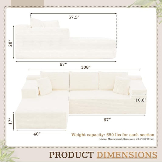 YESHOMY Boneless Couches for Living Room, 108" Sectional Modular Sectional Sofa with Deep Seat, Cloud Comfy Couch with L-Shape Chaise, Easy Assembly (Corduroy, Cream)