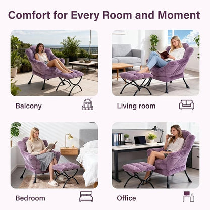 Lazy Chair with Ottoman, Modern Accent Chair Contemporary Lounge Leisure Sofa Chair with Armrests, Reading Chair and Folding Footstool Set for Living Room, Bedroom, Office