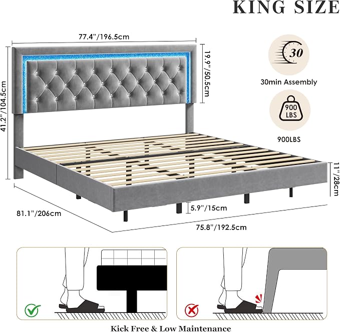 Garvee Floating Bed Frame King Size with Smart Led Lights, Upholstered Platform Bed with Diamond Headboard, Solid Wood Slats Support, No Box Spring Needed, Noise-Free, Easy Assembly, Grey