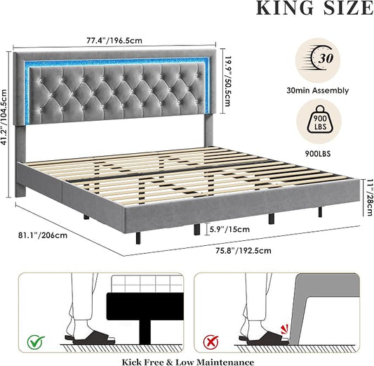 Garvee Floating Bed Frame King Size with Smart Led Lights, Upholstered Platform Bed with Diamond Headboard, Solid Wood Slats Support, No Box Spring Needed, Noise-Free, Easy Assembly, Grey