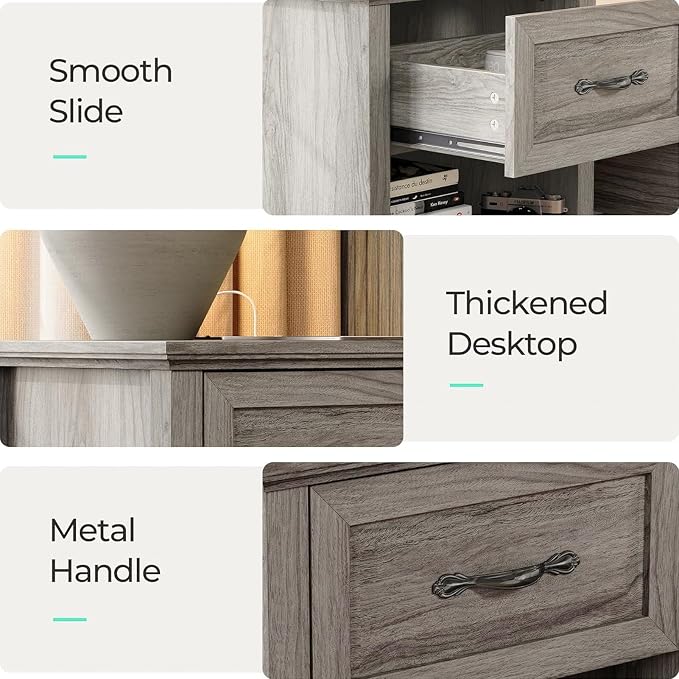 LINSY Night Stands Set of 2, 18.9" Farmhouse Wood Side Tables with Type-C Charging Station, Drawer & Open Storage Shelf – Perfect for Bedroom, Living Room, Sofa, or Office
