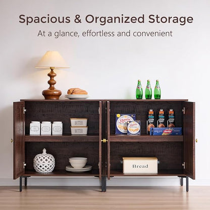 IFGET Modern Buffet Cabinet with Storage, 61.75" W Fluted Arched Sideboard Cabinet w/Adjustable Shelves, Wooden Modular Coffee Bar for Dining Room, Kitchen, Living Room, Entryway, Brown