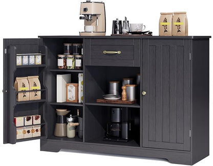 Gizoon 45" Coffee Bar Cabinet with Door and Shelves Kitchen Hutch with Countertop, Kitchen Buffer Cabinet with Storage for Bedroom and Living Room, Black