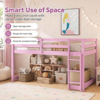 Twin Over Twin Bunk Bed, Low Profile Wooden Frame for Kids Bedroom, Floor Bunk with Ladder and Guardrails, Rubber Wood Construction, 13 Plywood Slats, No Box Spring Needed (Pink)