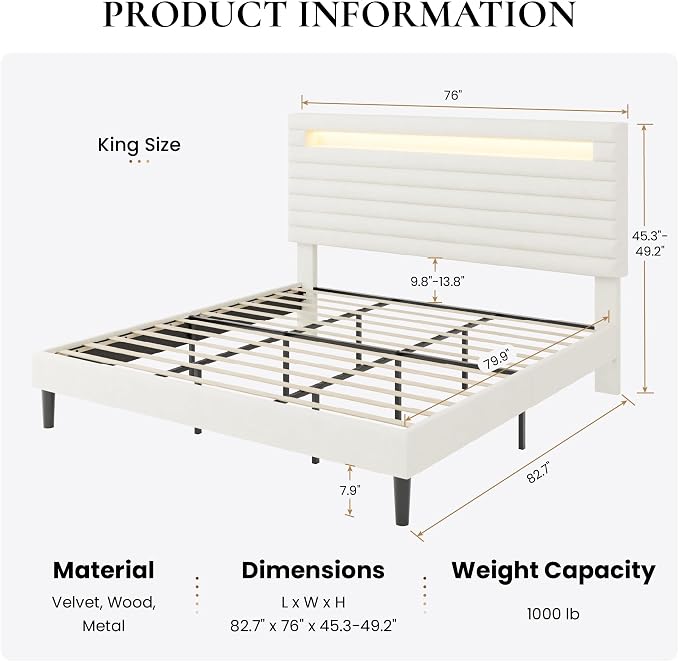 SHA CERLIN King Bed Frame with LED Light & 2-Tier Storage Shelf, Velvet Upholstered Adjustable Headboard with Charing Station, Horizontal Channel Tufted, No Box Spring Needed, Easy Assembly, White