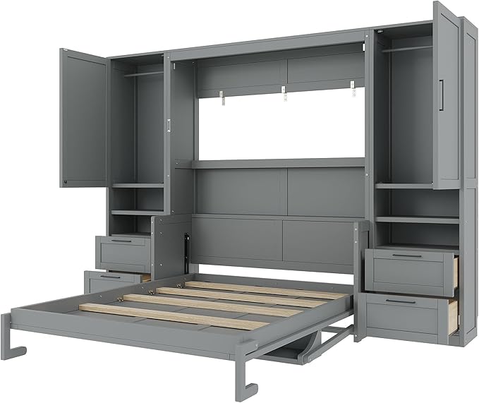 Merax Queen Size Murphy Bed with Desk, Space-Saving Wall Bed Frame with Closet, Drawers and Shelves, Foldable Platform Bed for Small Spaces Studio Study Office Guest Room, Gray