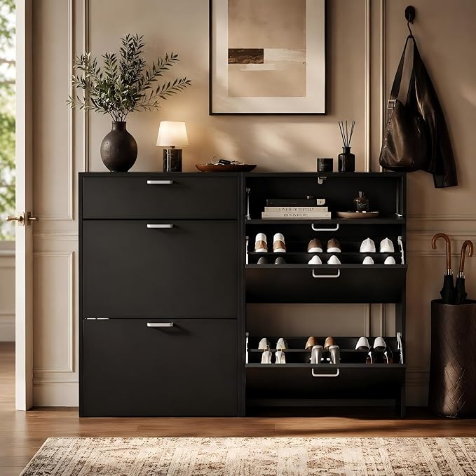 VINGLI Shoe Cabinet Storage for Entryway with 2 Flip &1Drop-Down Drawers | 24.8" W Narrow Slim,Modern Black Color,Holds 8–12 Pairs of Shoes,Smart Baseboard Cut-Out Design,9.45" Depth