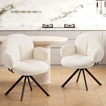 Cute Desk Chair No Wheels, 360° Swivel Accent Chairs with Arms, Modern Upholstered Dining Room Chairs with Tufted Cushion, Accent Chairs for Home Office/Bedroom/Kitchen, Teddy Sherpa, Beige