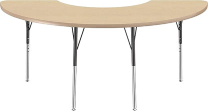 FDP Half Moon Activity School and Office Table (36 x 72 inch), Standard Legs with Swivel Glides for Collaborative Seating Environments, Adjustable Height 19-30 inches - Maple Top and Maple Edge