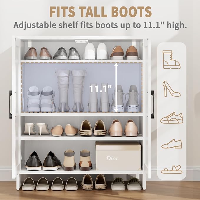 Farmhouse Shoe Storage Cabinet, 5-Tier Wooden Shoe Cabinet Organizer with 2 Barn Doors & 3 Adjustable Shelves, Shoe Cabinet for Entryway, Hallway, White