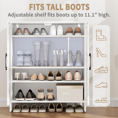 Farmhouse Shoe Storage Cabinet, 5-Tier Wooden Shoe Cabinet Organizer with 2 Barn Doors & 3 Adjustable Shelves, Shoe Cabinet for Entryway, Hallway, White