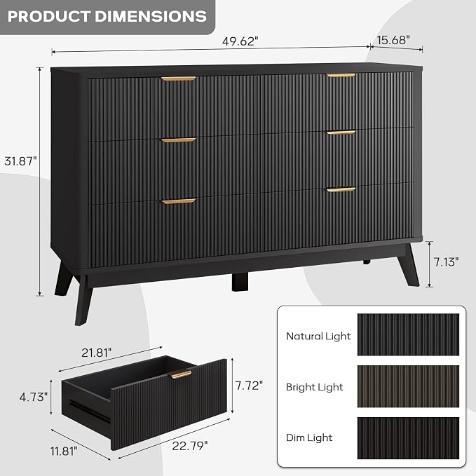 SUNWAVE 6 Drawer Dresser for Bedroom, 49.6" Wide Modern Fluted Dresser with Round Corner, Wood Chest of Drawers for Living Room (Black)