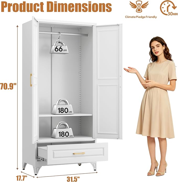 71" Tall Armoire Wardrobe Closet with with Drawer, Metal Storage Wardrobe with Hanging Rod, Clothing Storage Cabinets, White Bedroom Armoires with Adjustable Shelf, Steel Closet Cabinet for Bathroom