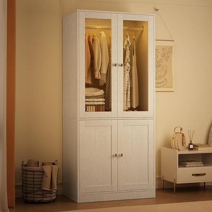 VOWNER 75" Tall Armoire Wardrobe Closet with Drawers & Lights, Clothing Storage Cabinet with 2 Glass Doors & Hanging Rod, Wooden Armoire Storage Cabinet for Bedroom (White Oak, 2 Doors)