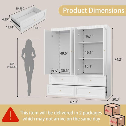 White Wardrobe Closet with Drawers: 74" Large Armoire with 4 Doors and 4 Drawers, Tall Wooden Wardrobe Closet for Hanging Clothes, Modern Bedroom Armoires Closets Cabinet (White)