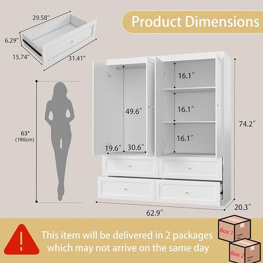 White Wardrobe Closet with Drawers: 74" Large Armoire with 4 Doors and 4 Drawers, Tall Wooden Wardrobe Closet for Hanging Clothes, Modern Bedroom Armoires Closets Cabinet (White)