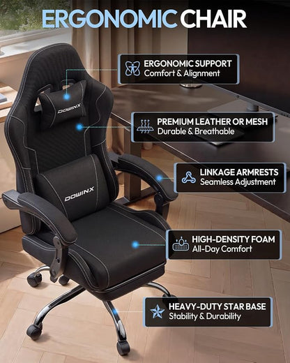 Dowinx Ergonomic Gaming Chair with Footrest & Massage Lumbar, 2D-Linkage Armrests for Computer Chair 330lbs with Headrest Pillow for Office, Home, Streaming and Long Gaming Sessions, Fabric Black
