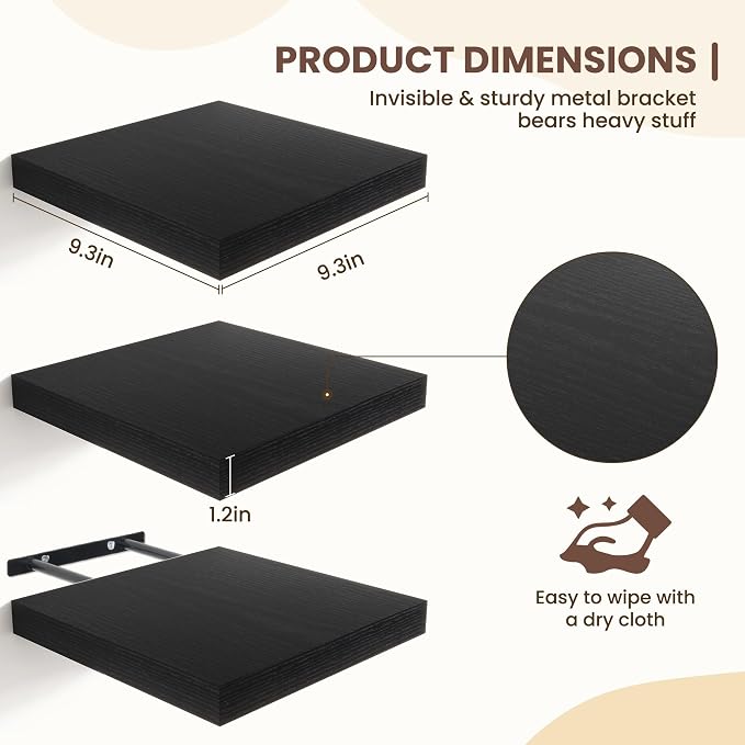 Fun Memories Floating Shelves for Wall - 9.3 Inch Square Shelves with Invisible Brackets, Black Small Wall Shelf for Living Room, Bathroom, Bedroom, and Kitchen Decor Black Set of 3