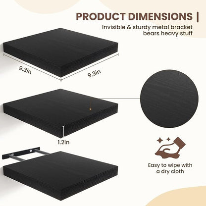Fun Memories Floating Shelves for Wall - 9.3 Inch Square Shelves with Invisible Brackets, Black Small Wall Shelf for Living Room, Bathroom, Bedroom, and Kitchen Decor Black Set of 3